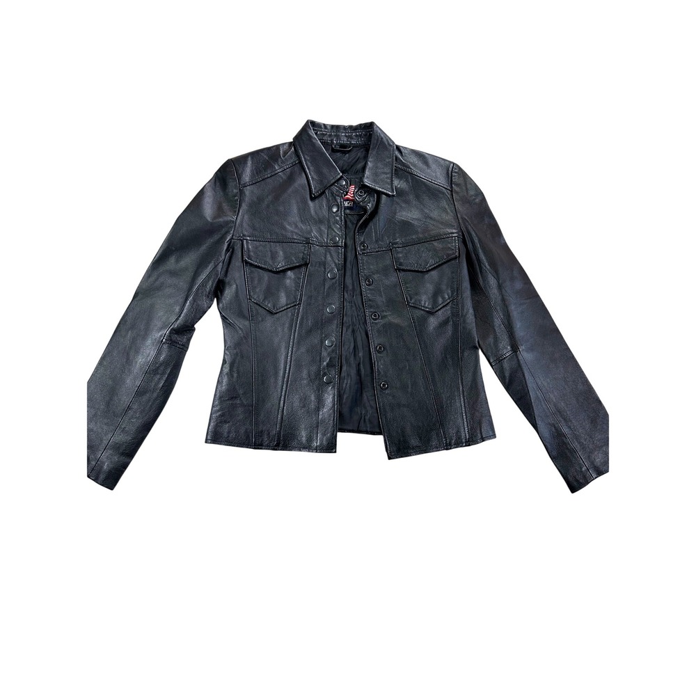 Leather USA Womens Black Leather Trucker Jacket Snap Front Size L